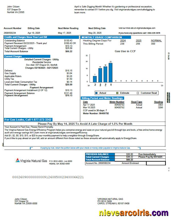 USA Virginia Natural Gas utility bill